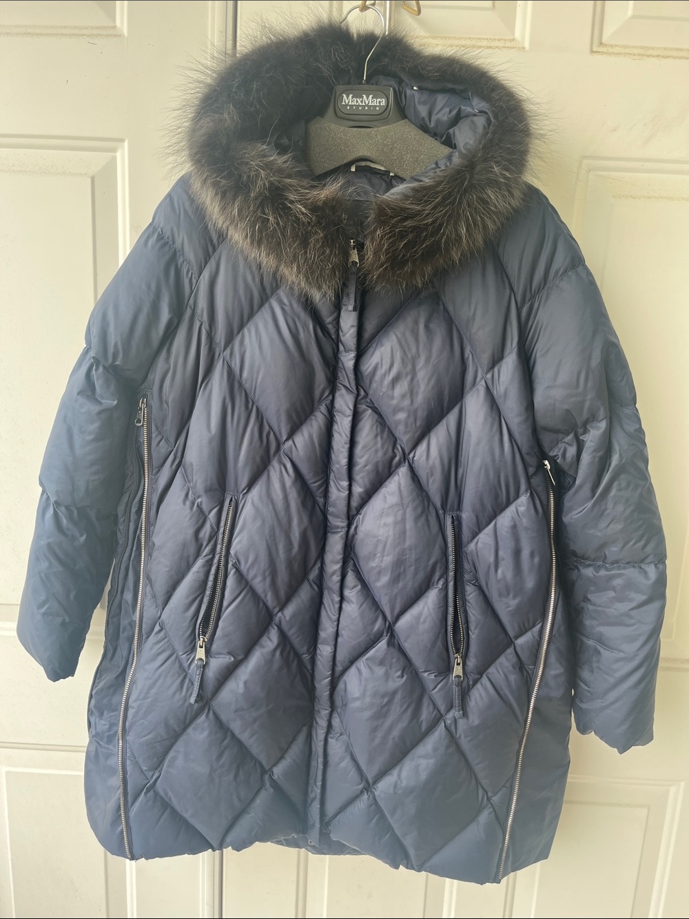 Weekend Max Mara Navy Diamond-Quilt Down Puffer with Fur Trim